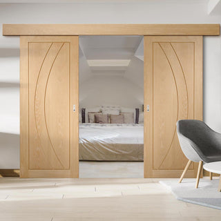 Image: Bespoke Thruslide Surface Salerno Oak Flush - Sliding Double Door and Track Kit