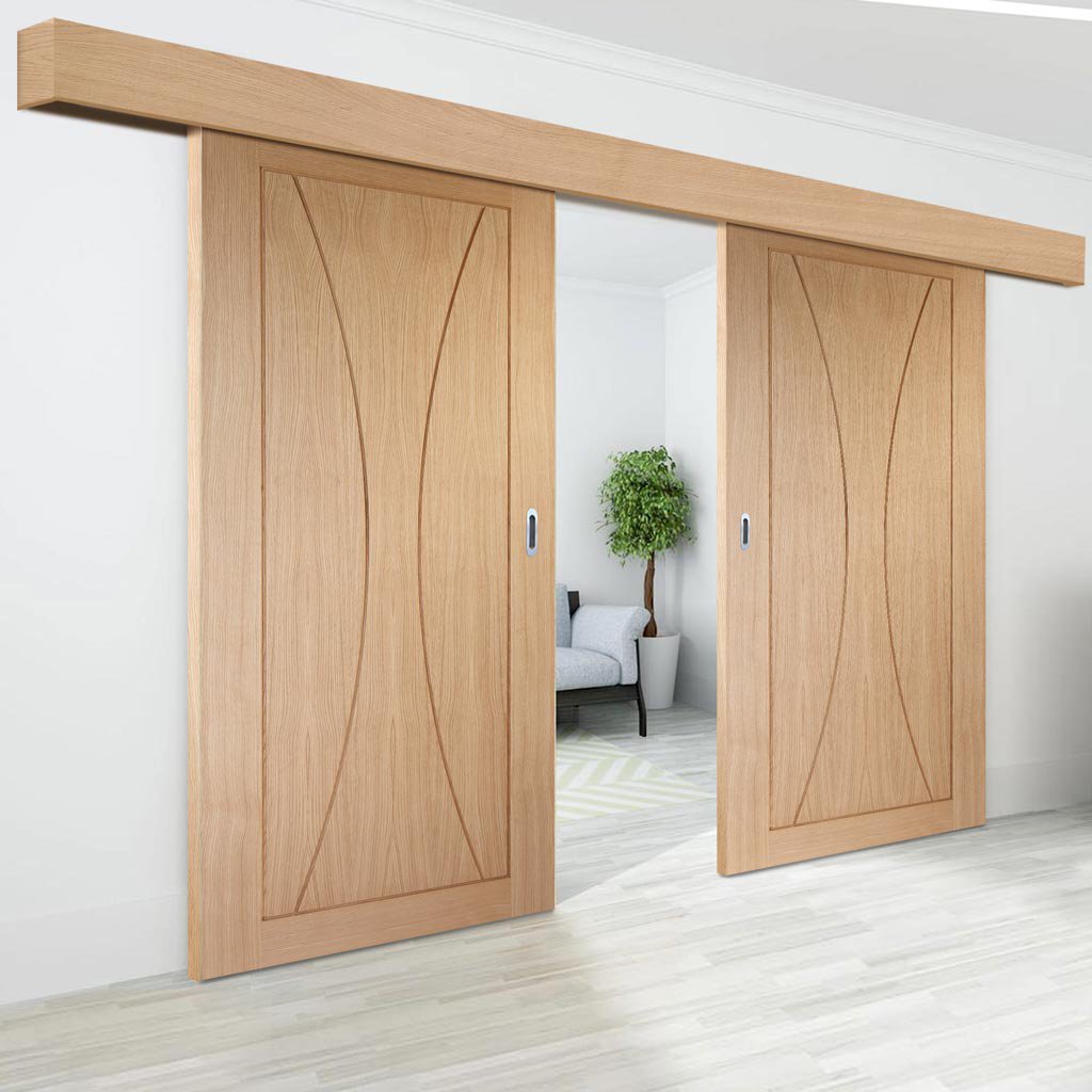 Bespoke Thruslide Surface Verona Oak Flush - Sliding Double Door and Track Kit