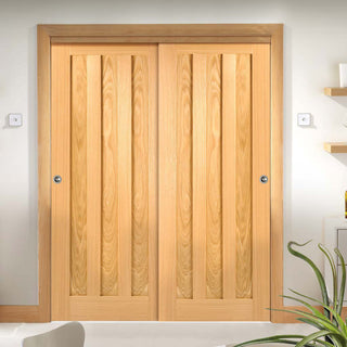 Image: Two Sliding Wardrobe Doors & Frame Kit - Idaho 3 Panel Oak Door - Unfinished