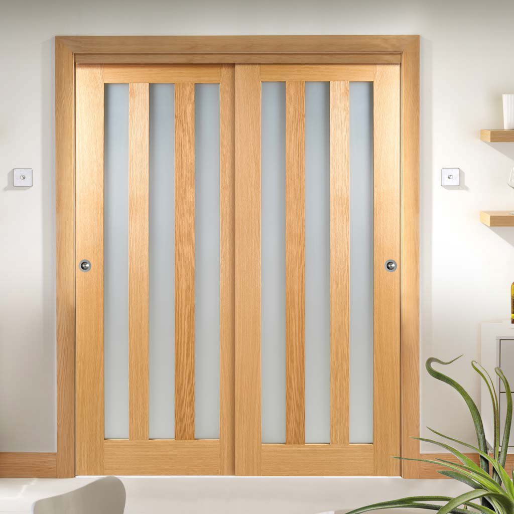 Two Sliding Wardrobe Doors & Frame Kit - Utah Oak Door - Frosted Glass - Unfinished