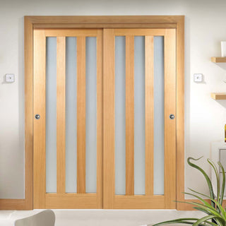 Image: Two Sliding Wardrobe Doors & Frame Kit - Utah Oak Door - Frosted Glass - Unfinished