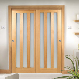 Image: Minimalist Wardrobe Door & Frame Kit - Two Utah Oak Doors - Frosted Glass - Unfinished