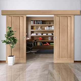 Image: Bespoke Thruslide Surface Worcester Oak 3 Panel - Sliding Double Door and Track Kit