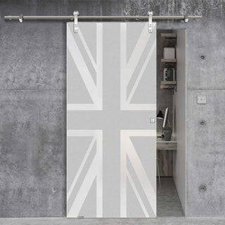 Image: Single Glass Sliding Door - Solaris Tubular Stainless Steel Sliding Track & Union Jack Flag 8mm Obscure Glass - Obscure Printed Design