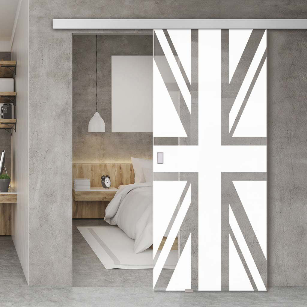 Single Glass Sliding Door - Union Jack Flag 8mm Obscure Glass - Clear Printed Design with Elegant Track