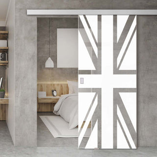 Image: Single Glass Sliding Door - Union Jack Flag 8mm Obscure Glass - Clear Printed Design with Elegant Track