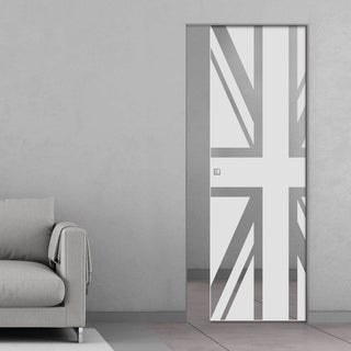 Image: Union Jack Flag 8mm Obscure Glass - Clear Printed Design - Single Absolute Pocket Door