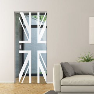 Image: Union Jack Flag 8mm Clear Glass - Obscure Printed Design - Single Absolute Pocket Door