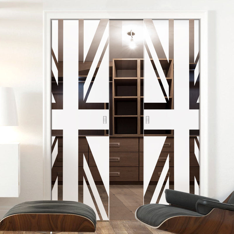 Union Jack Flag 8mm Obscure Glass - Clear Printed Design - Double Evokit Glass Pocket Door