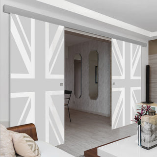 Image: Double Glass Sliding Door - Union Jack Flag 8mm Obscure Glass - Obscure Printed Design with Elegant Track