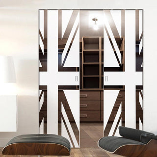 Image: Union Jack Flag 8mm Obscure Glass - Clear Printed Design - Double Absolute Pocket Door
