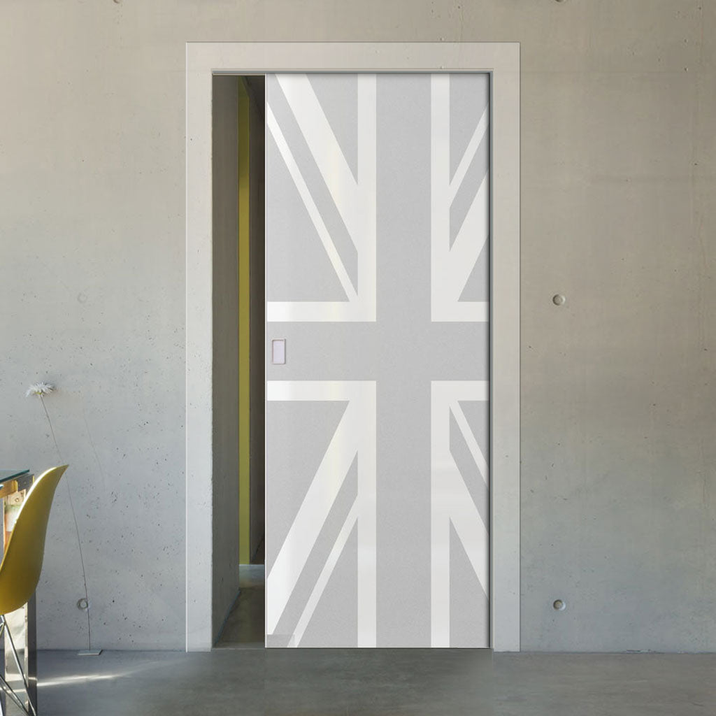 Union Jack Flag 8mm Obscure Glass - Obscure Printed Design - Single Evokit Glass Pocket Door