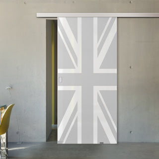 Image: Single Glass Sliding Door - Union Jack Flag 8mm Obscure Glass - Obscure Printed Design with Elegant Track
