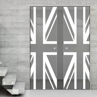 Image: Union Jack Flag 8mm Clear Glass - Obscure Printed Design - Double Absolute Pocket Door