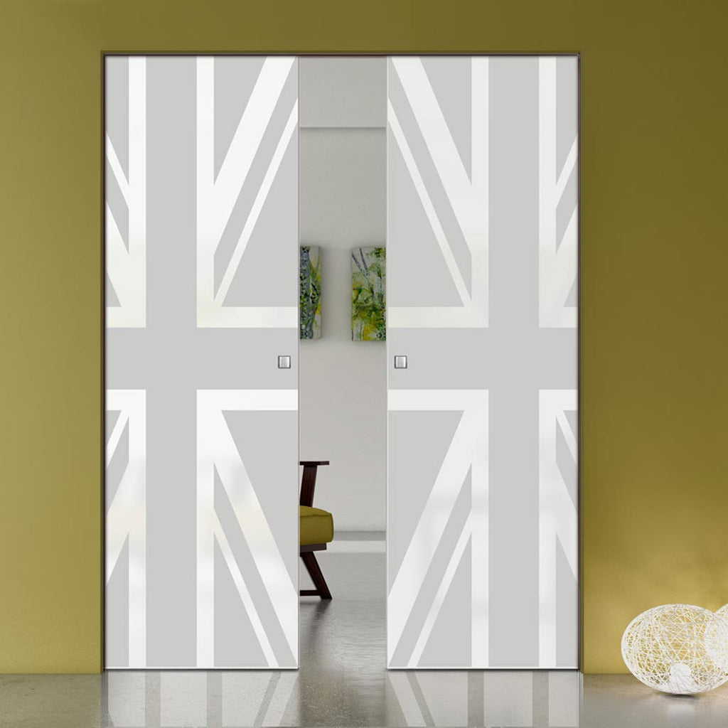 Union Jack Flag 8mm Obscure Glass - Obscure Printed Design - Double Absolute Pocket Door