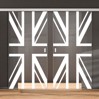 Image: Double Glass Sliding Door - Union Jack Flag 8mm Clear Glass - Obscure Printed Design with Elegant Track