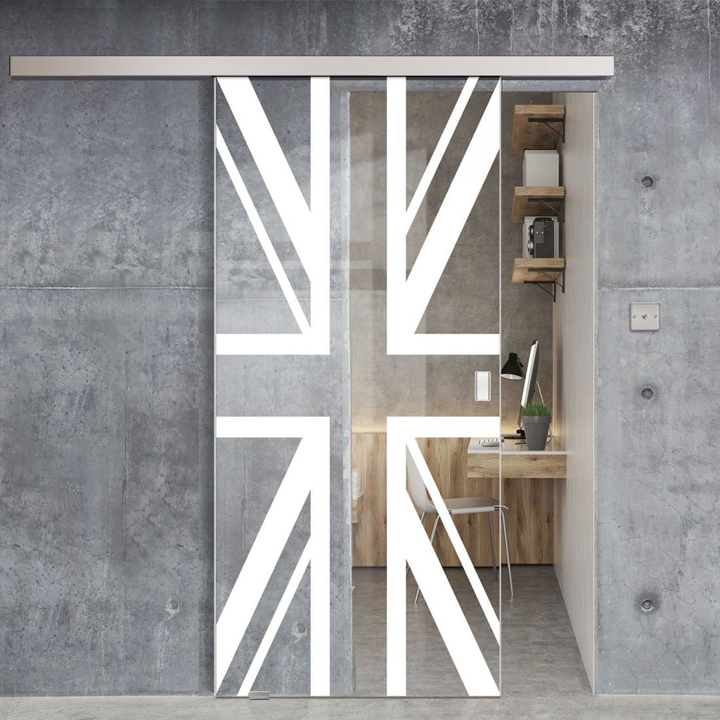 Single Glass Sliding Door - Union Jack Flag 8mm Clear Glass - Obscure Printed Design with Elegant Track