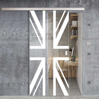 Image: Single Glass Sliding Door - Union Jack Flag 8mm Clear Glass - Obscure Printed Design with Elegant Track