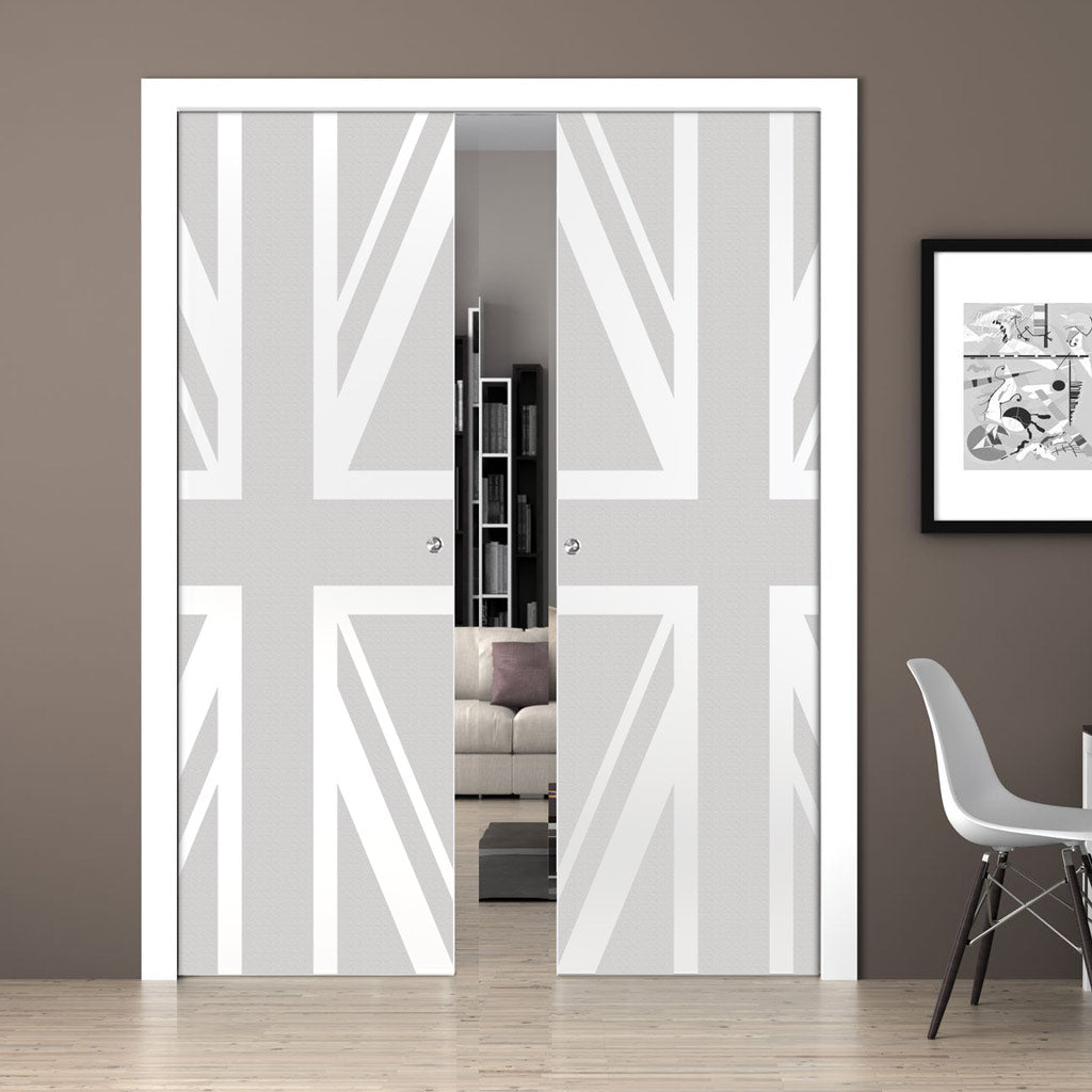 Union Jack Flag 8mm Obscure Glass - Obscure Printed Design - Double Evokit Glass Pocket Door