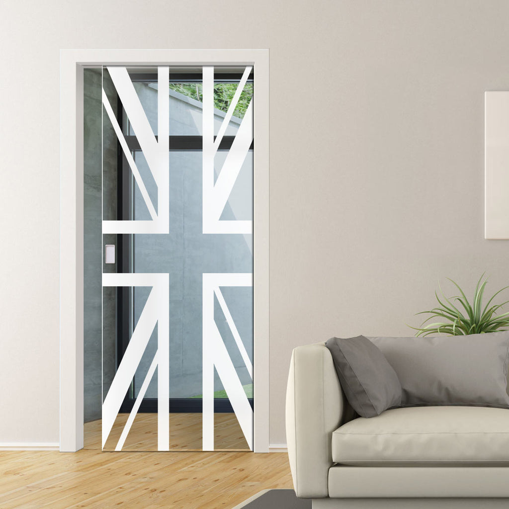 Union Jack Flag 8mm Clear Glass - Obscure Printed Design - Single Evokit Glass Pocket Door