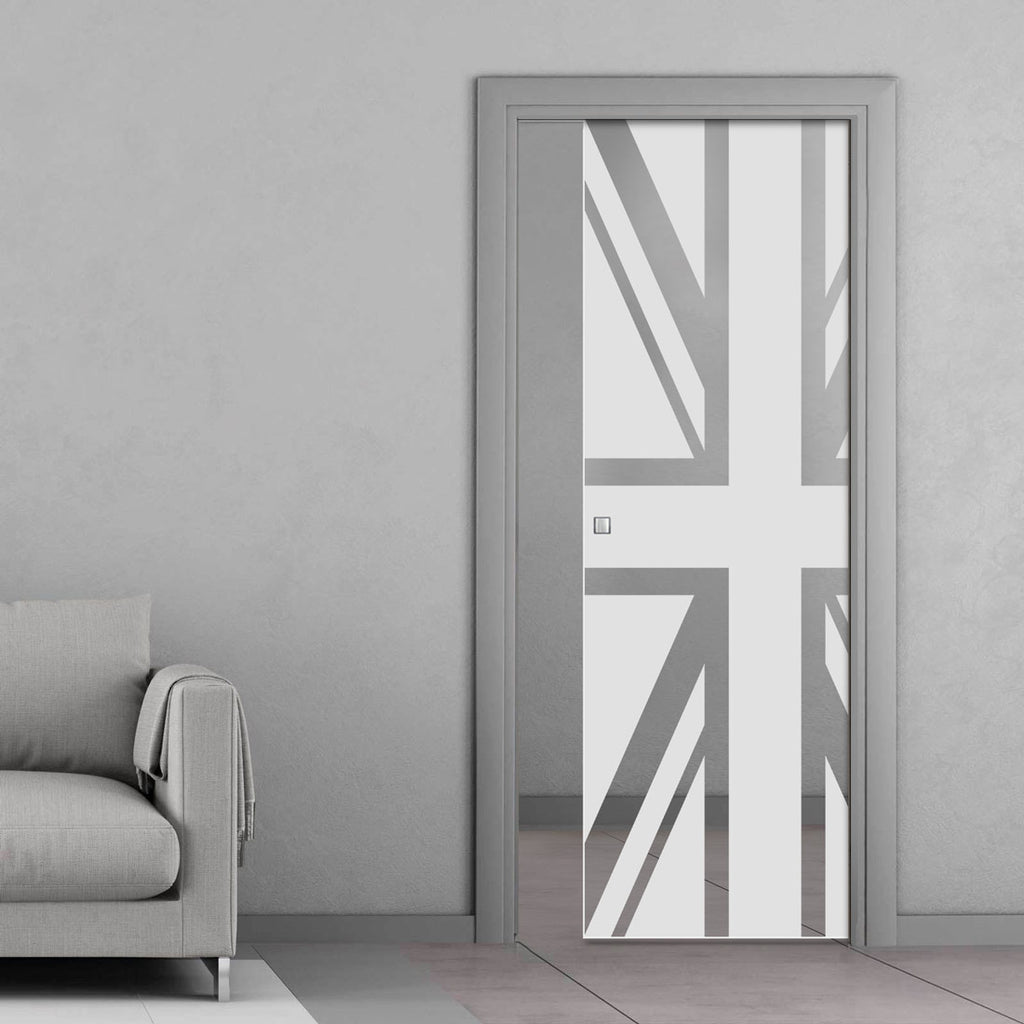 Union Jack Flag 8mm Obscure Glass - Clear Printed Design - Single Evokit Glass Pocket Door