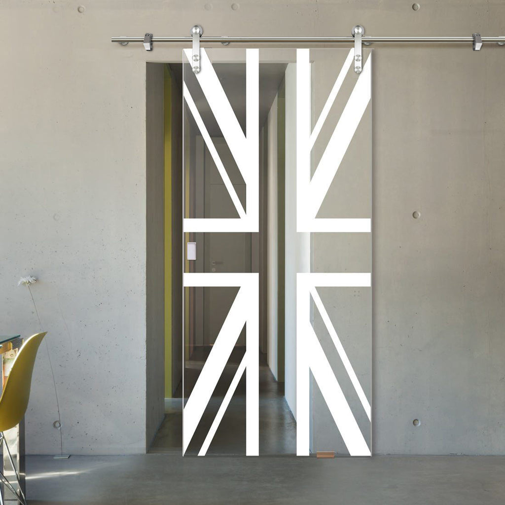 Single Glass Sliding Door - Solaris Tubular Stainless Steel Sliding Track & Union Jack Flag 8mm Clear Glass - Obscure Printed Design
