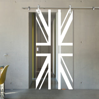 Image: Single Glass Sliding Door - Solaris Tubular Stainless Steel Sliding Track & Union Jack Flag 8mm Clear Glass - Obscure Printed Design