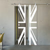 Single Glass Sliding Door - Solaris Tubular Stainless Steel Sliding Track & Union Jack Flag 8mm Clear Glass - Obscure Printed Design