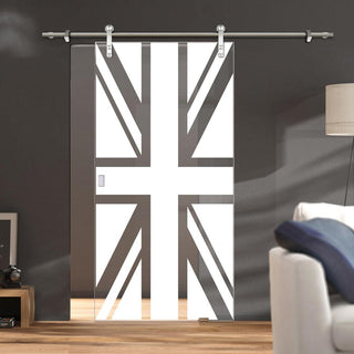 Image: Single Glass Sliding Door - Solaris Tubular Stainless Steel Sliding Track & Union Jack Flag 8mm Obscure Glass - Clear Printed Design