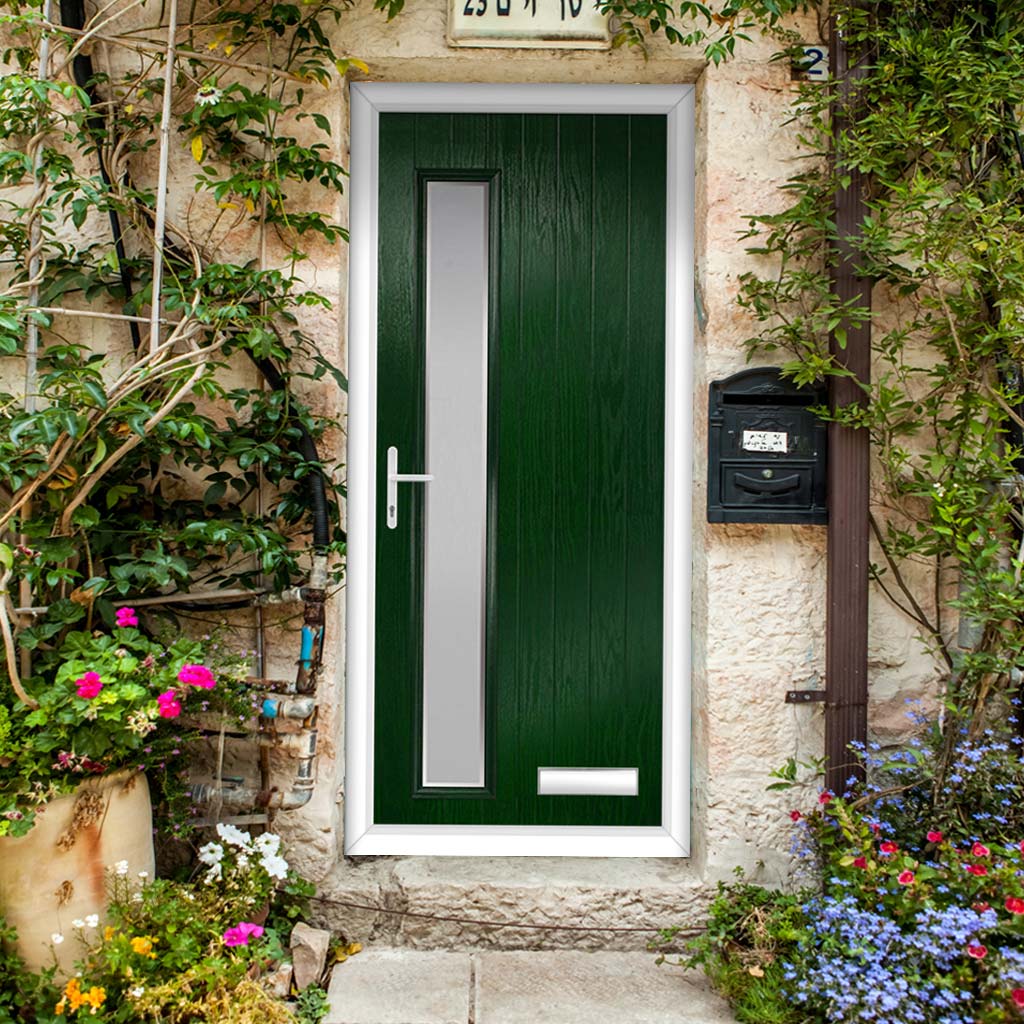 Cottage Style Uracco 1 Composite Front Door Set with Hnd Ice Edge Glass - Shown in Green