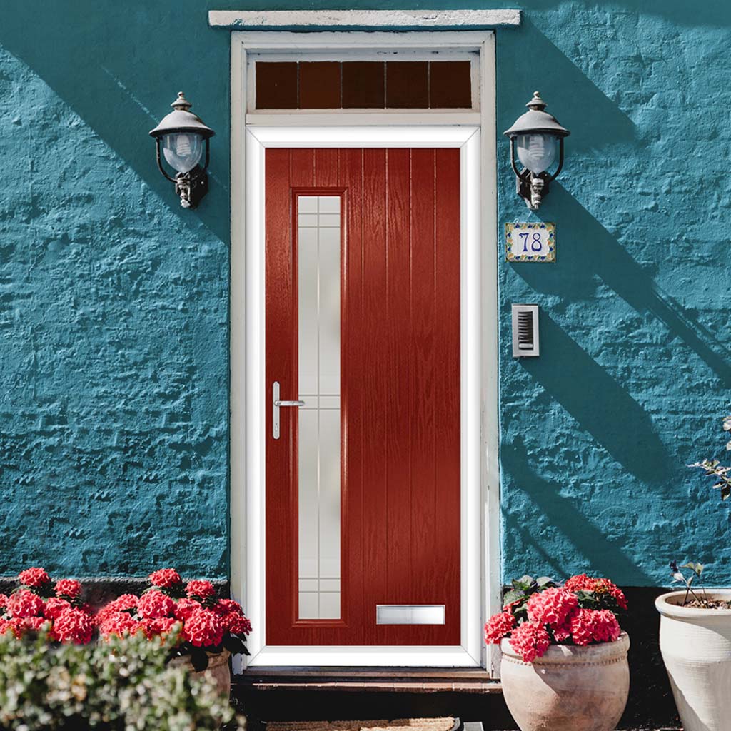 Cottage Style Uracco 1 Composite Front Door Set with Hnd Linear Glass - Shown in Red