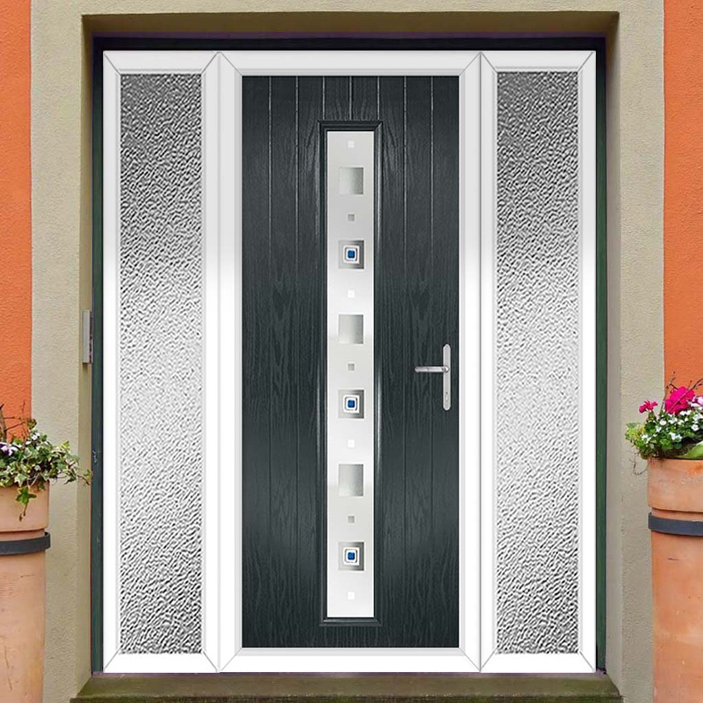 Cottage Style Uracco 1 Composite Front Door Set with Double Side Screen - Central Tahoe Blue Glass - Shown in Anthracite Grey