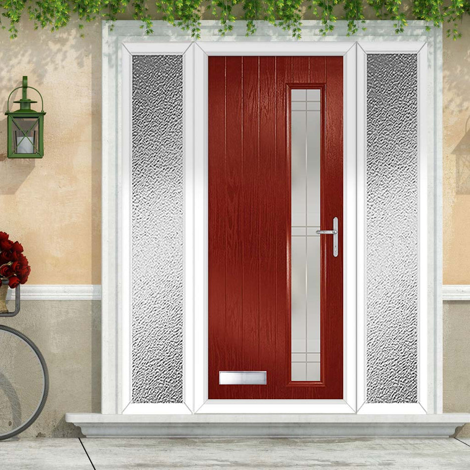 Cottage Style Uracco 1 Composite Front Door Set with Double Side Screen - Hnd Linear Glass - Shown in Red