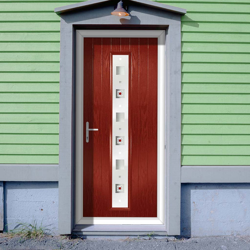 Cottage Style Uracco 1 Composite Front Door Set with Central Tahoe Red Glass - Shown in Red