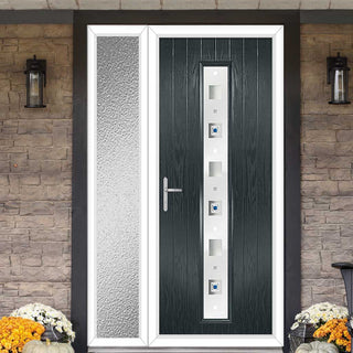 Image: Cottage Style Uracco 1 Composite Front Door Set with Single Side Screen - Central Tahoe Blue Glass - Shown in Anthracite Grey