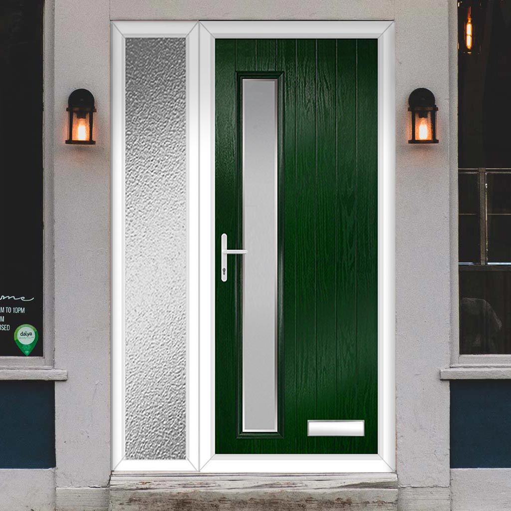 Cottage Style Uracco 1 Composite Front Door Set with Single Side Screen - Hnd Ice Edge Glass - Shown in Green