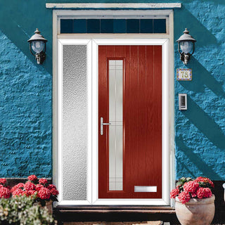 Image: Cottage Style Uracco 1 Composite Front Door Set with Single Side Screen - Hnd Linear Glass - Shown in Red