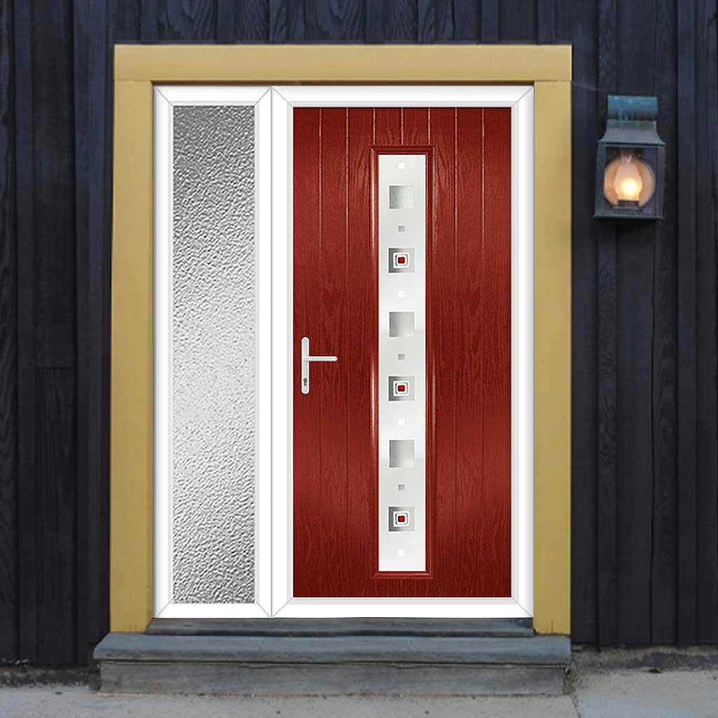 Cottage Style Uracco 1 Composite Front Door Set with Single Side Screen - Central Tahoe Red Glass - Shown in Red