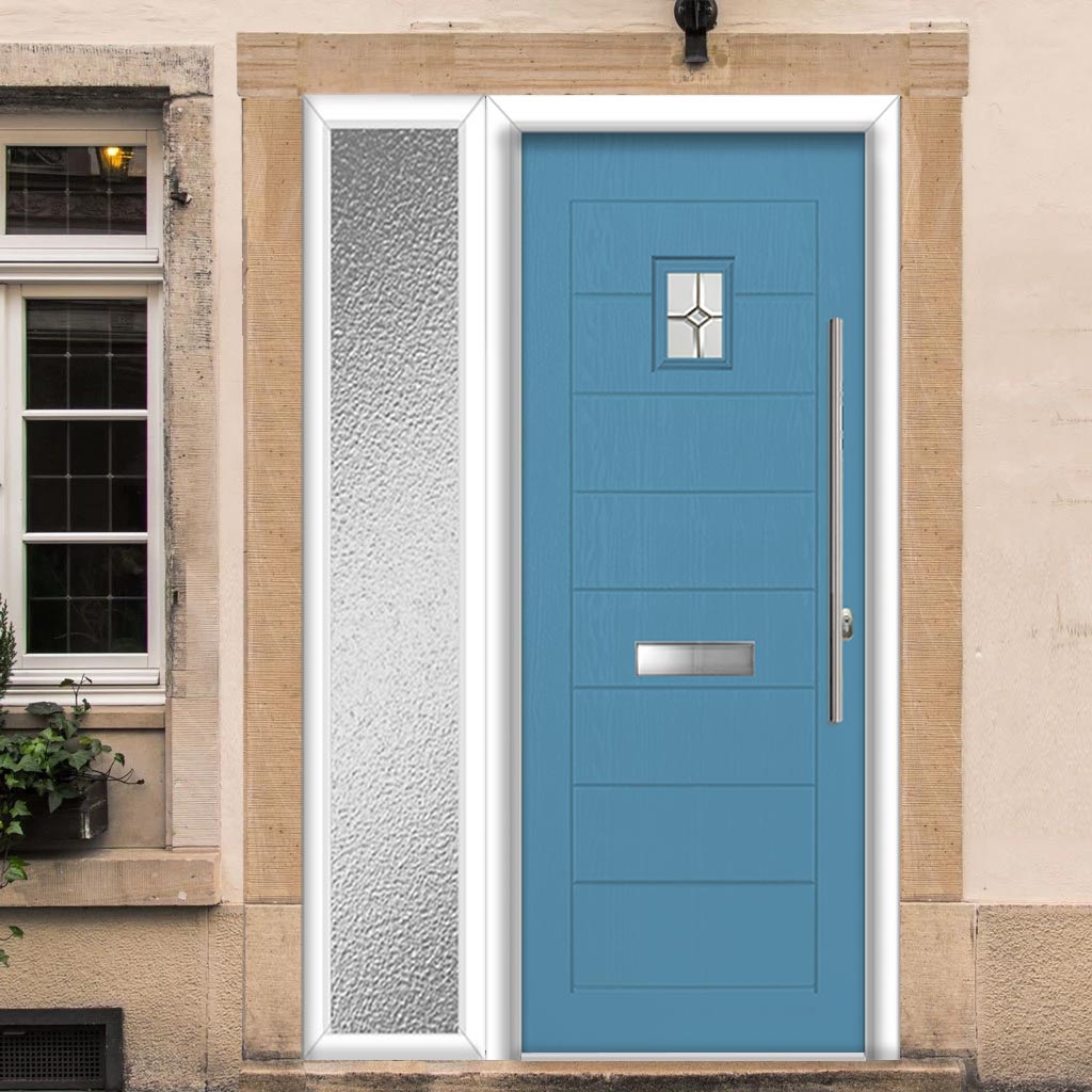 Aruba 1 Urban Style Composite Front Door Set with Single Side Screen - Mirage Glass - Shown in Pastel Blue