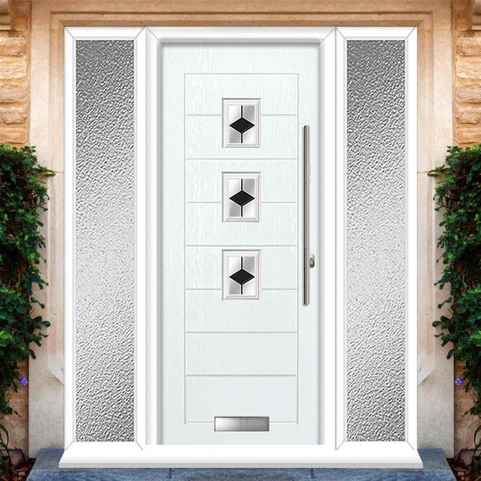 Aruba 3 Urban Style Composite Front Door Set with Double Side Screen - Diamond Black Glass - Shown in White