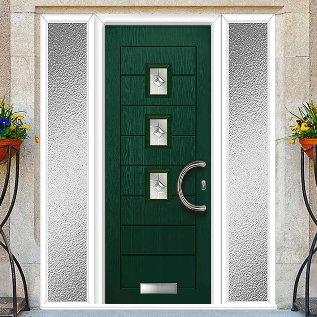 Aruba 3 Urban Style Composite Front Door Set with Double Side Screen - Central Roma Glass - Shown in Green