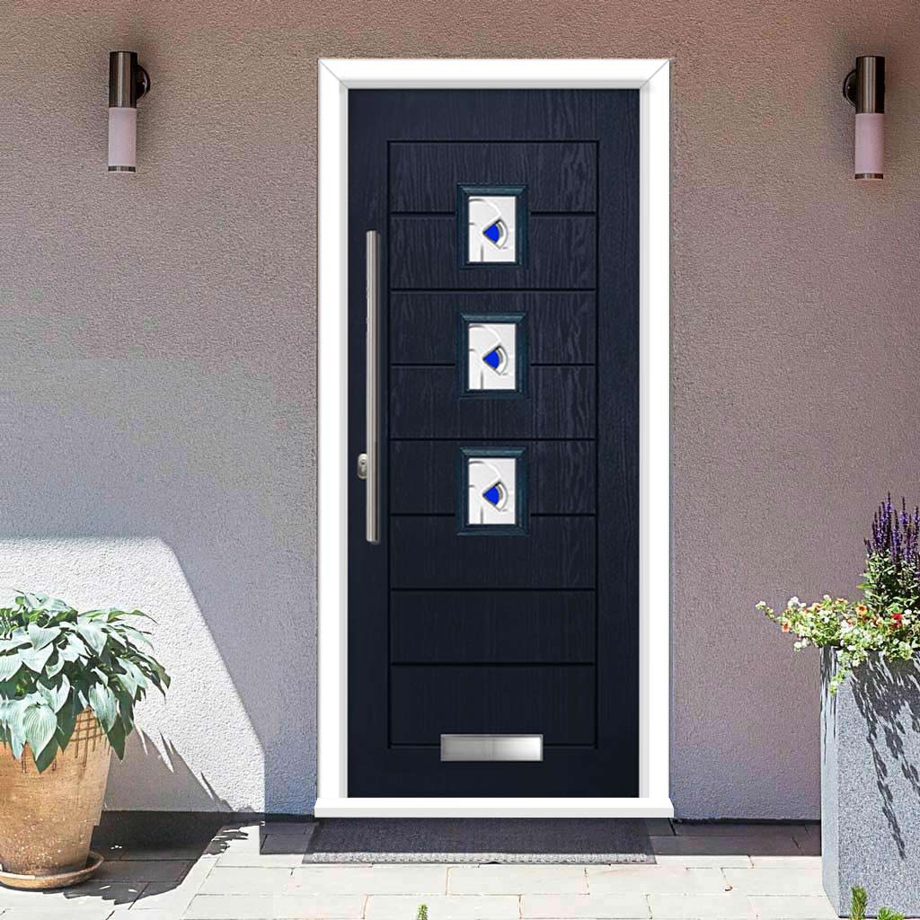 Aruba 3 Urban Style Composite Front Door Set with Kupang Blue Glass - Shown in Blue