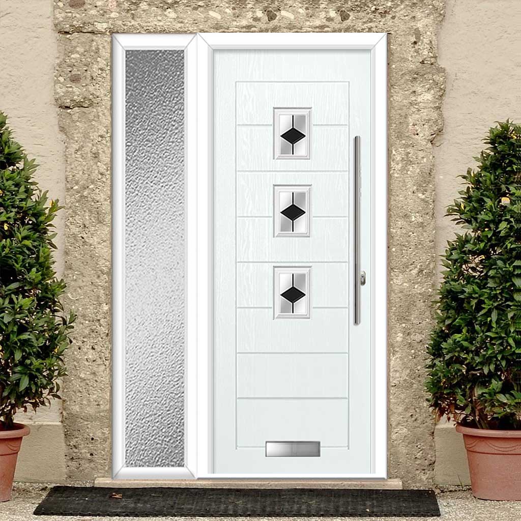 Aruba 3 Urban Style Composite Front Door Set with Single Side Screen - Diamond Black Glass - Shown in White