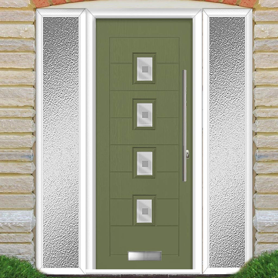Aruba 4 Urban Style Composite Front Door Set with Double Side Screen - Central Sandblast Ellie Glass - Shown in Reed Green