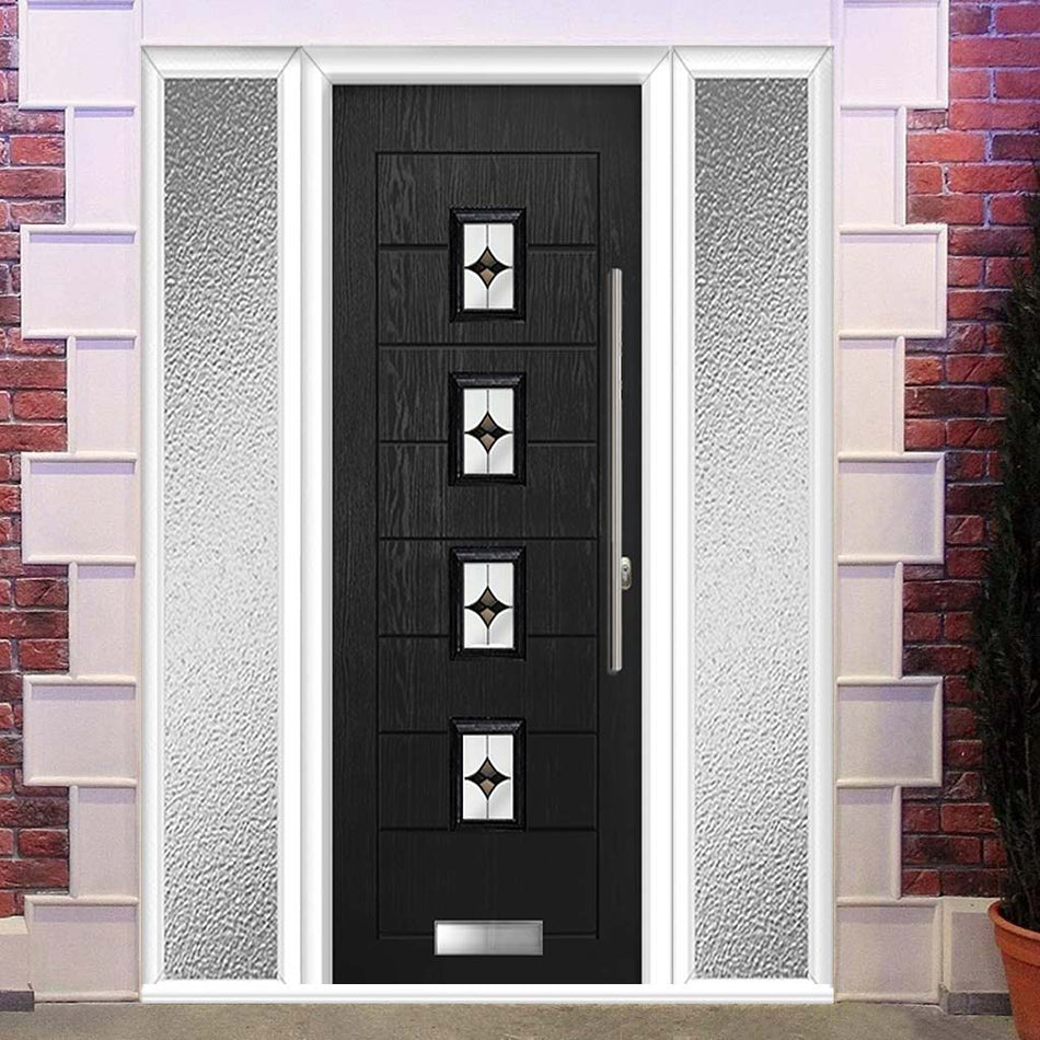 Aruba 4 Urban Style Composite Front Door Set with Double Side Screen - Central Laptev Black Glass - Shown in Black