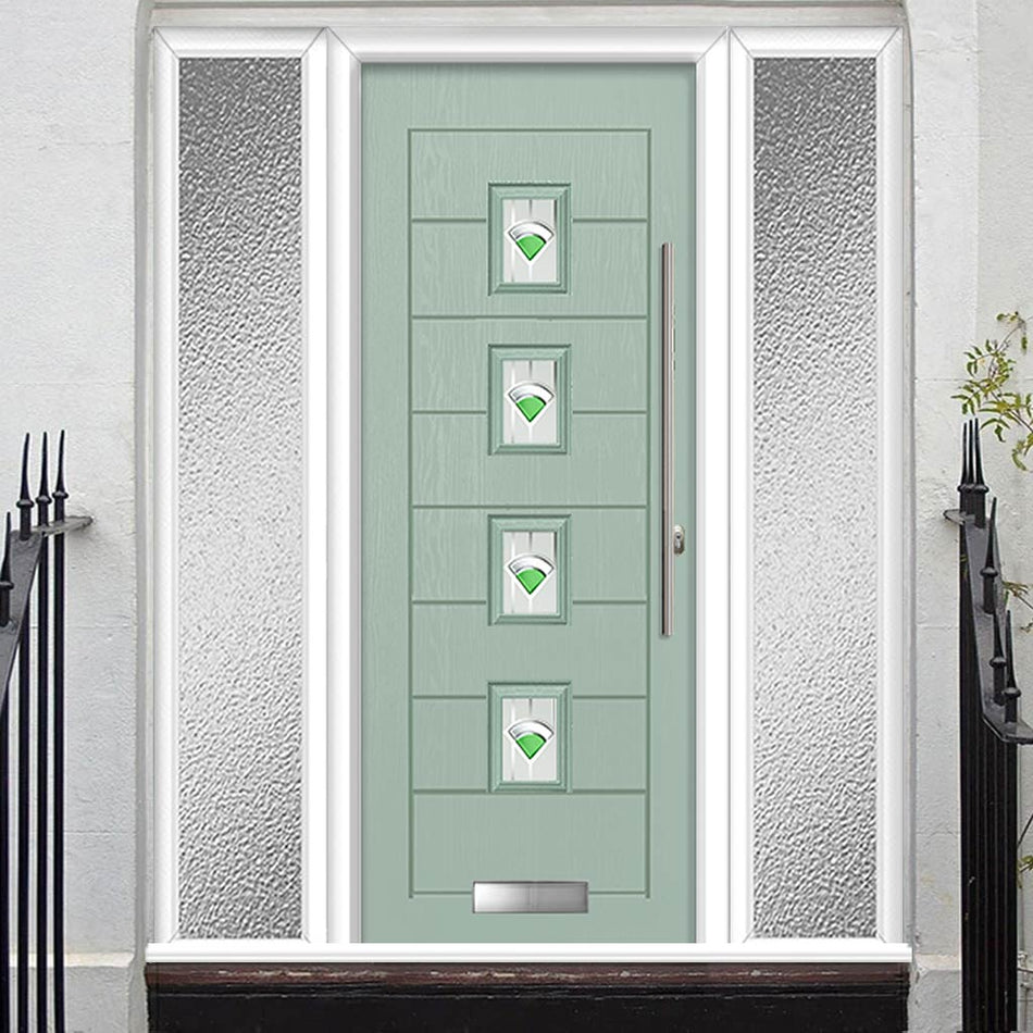 Aruba 4 Urban Style Composite Front Door Set with Double Side Screen - Central Murano Green Glass - Shown in Chartwell Green