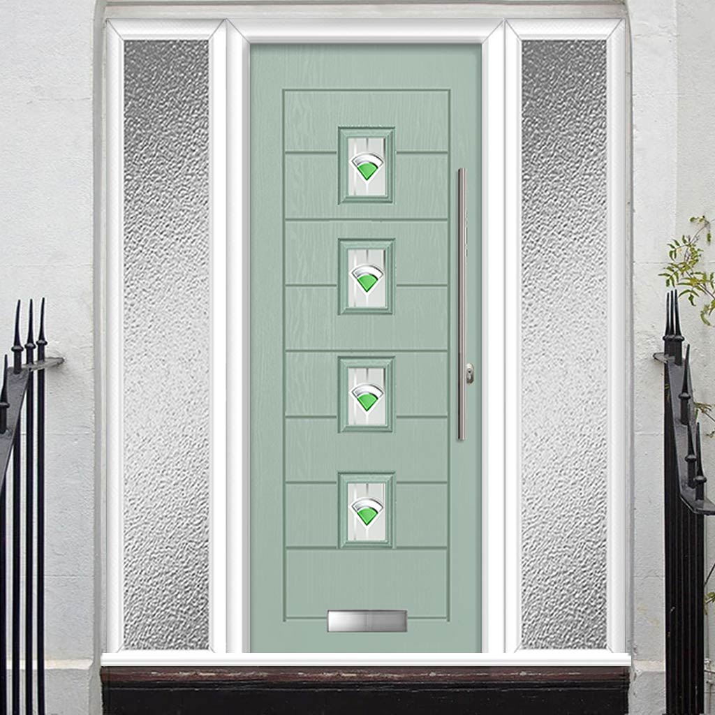 Aruba 4 Urban Style Composite Front Door Set with Double Side Screen - Central Murano Green Glass - Shown in Chartwell Green