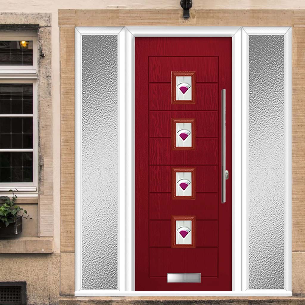 Aruba 4 Urban Style Composite Front Door Set with Double Side Screen - Murano Purple Glass - Shown in Red