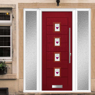 Image: Aruba 4 Urban Style Composite Front Door Set with Double Side Screen - Murano Purple Glass - Shown in Red