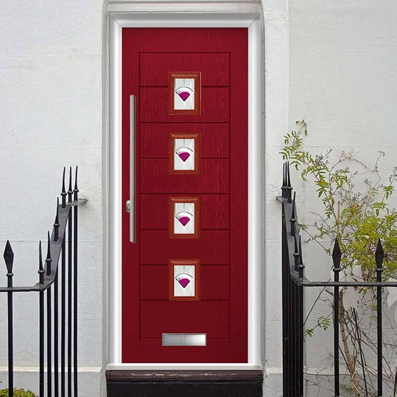 Aruba 4 Urban Style Composite Front Door Set with Murano Purple Glass - Shown in Red